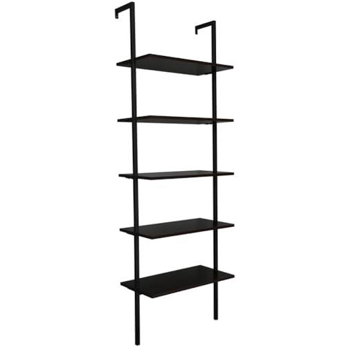 Ladder Shelf Bookshelf, 5-Tier Industrial Bookshelf with Metal Frame and Wood Board, Wall Mounted Bookcase Open Shelf Organizer for Living Room,Home Office, Bedroom,Walnut&Black - color: Walnut & Black
