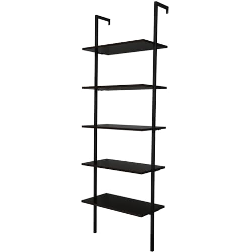 Ladder Shelf Bookshelf, 5-Tier Industrial Bookshelf with Metal Frame and Wood Board, Wall Mounted Bookcase Open Shelf Organizer for Living Room,Home Office, Bedroom,Walnut&Black - color: Walnut & Black
