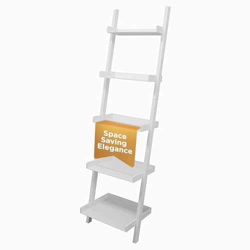 Kiera Grace Providence Hadfield 5 Tier Ladder Shelf, Leaning Bookshelf Storage Rack for Home, Office, 18" x 67", White - color: White