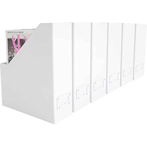 BLU MONACO Set of 6 Foldable White Magazine File Holders | Vertical Desk File Organizer Boxes With Leather Label Holders | Stylish Cardboard Magazine Storage for Shelves, Workspace and Home Office - color: Pure White