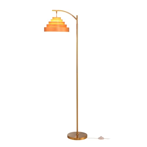 O’Bright Strata Wooden Floor Lamp - Mid Century Modern Standing Lamp with Layered Wood Shade, Tall Reading Lamp for Living Room, Bedroom, Office, Antique Brass, Light Oak, Cascade Shade - color: Antique Brass-Light Oak-Cascade