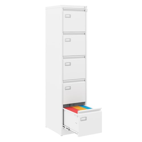 5 Drawer File Cabinet, White Metal Filing Cabinets with Lock Name Card Holder, Metal Vertical Filing Cabinets for Home Office, Steel Storage Cabinet fits Letter/Legal/A4 Size(Assembly Required) - color: White, size: 61.6"H x 15"W x 17.7"D