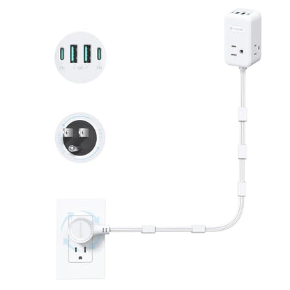 TROND Electrical Outlet Extender 360° Rotating Plug with 20W USB C, 36in | Short Extension Cord, Wall Plug Adapter with 3 AC Outlets, Access Hard-to-Reach Outlets Use Behind Couches, Desk, White - size: 3 FT 360° Rotating Plug