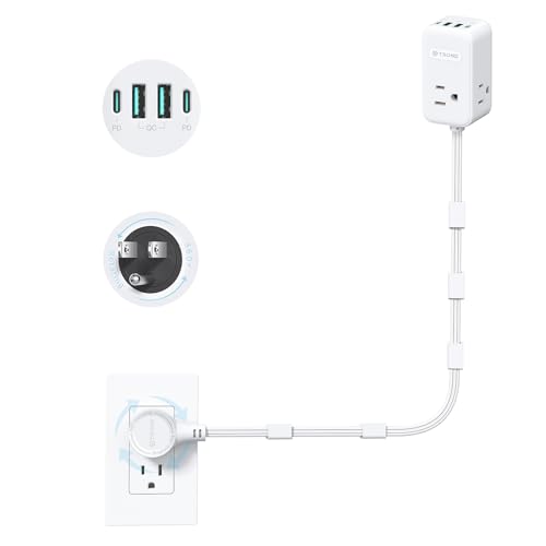 TROND Electrical Outlet Extender 360° Rotating Plug with 20W USB C, 36in | Short Extension Cord, Wall Plug Adapter with 3 AC Outlets, Access Hard-to-Reach Outlets Use Behind Couches, Desk, White - size: 3 FT 360° Rotating Plug