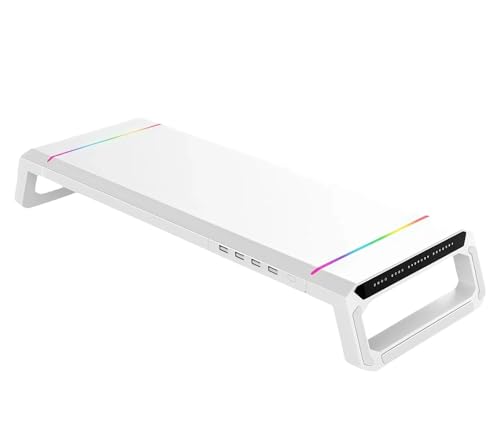 Monitor Stand Riser for Desk, Foldable Computer Monitor & Laptop Stand with Drawer, 4 USB 2.0 Ports, RGB Lighting, Phone & Tablet Holder, 72 lb Capacity (White) - color: White
