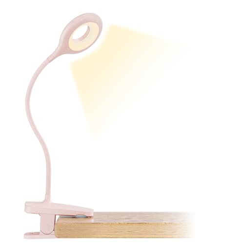 CUHIOY Rechargeable Clip on Reading Light for Bed Headboard, Pink, 1 Pack | Large Clamp Flexible Neck, Battery Desk Lamp, 5 Color 5 Brightness Touch Control, Flicker-Free LED Bedside Night Light - style: 1Pack Pink