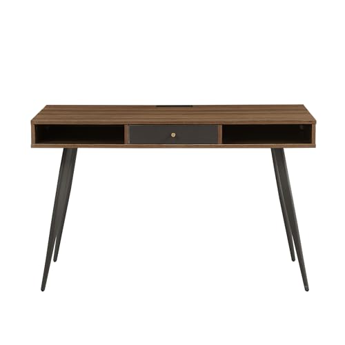 Desk with USB Ports and Power Outlet, Writing Study Desk with Drawers, Multifunctional Home Office Computer Desk Walnut
