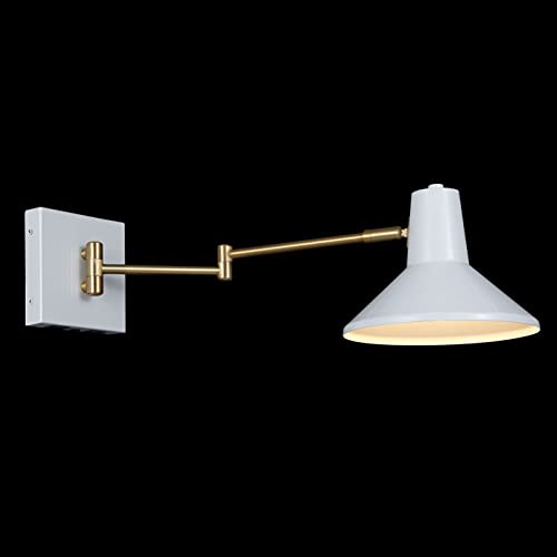 JONATHAN Y Hygge 1-Light Modern Swing Arm USB Sconce 8", White/Brass Gold | Metal Construction, Plug-In Midcentury Bedside Wall Lamp, Cone Shade, Adjustable Head, LED Bulb Included - color: White/Brass Gold