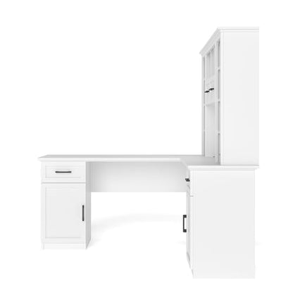 RuiSiSi L Shaped Offic Desk with Hutch and Drawers, Farmhouse Home Desk with Cabinets and Open Shelves, Wood Executive Desk for Study, Living Room, White - color: White, size: 65"L x 52"W x66.1"H