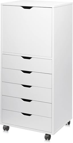 DEVAISE 5 Drawer Cabinet with 1 Door, Mobile Office File Cabinet, White | Wood Rolling Cart, Filing Drawers, Craft Storage Drawer Cabinet, Printer Stand, Home Office - color: White, size: 15.7"D x 18.7"W x 41.1"H