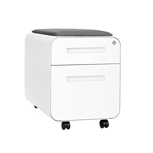 Laura Davidson Furniture STOCKPILE Mini Seated 2 Drawer Mobile File Cabinet with Removable Magnetic Cushion Seat - Short Version, Metal Filing Cabinet, Pre-Assembled, White with Grey Cushion - color: White