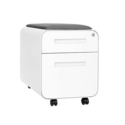 Laura Davidson Furniture STOCKPILE Mini Seated 2 Drawer Mobile File Cabinet with Removable Magnetic Cushion Seat - Short Version, Metal Filing Cabinet, Pre-Assembled, White with Grey Cushion - color: White