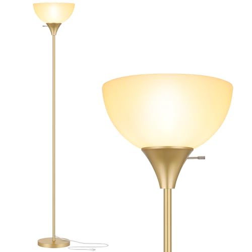 Coucrek Floor Lamp, LED Standing Lamps with White Plastic Shade, Corner Floor Lights for Living Room Bedroom, Rotary Switch, Bulb not Included, Gold - color: Gold