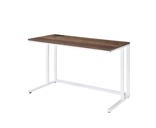 Penau Writing Desk Walnut and White Finish, Built-in USB Port and Power Outlet, Engineered Wood Top with Metal Frame, Open Base Knee Space, 47 x 24 x 30 Inchs, Weight Limit 70lbs