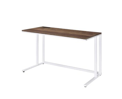 Penau Writing Desk Walnut and White Finish, Built-in USB Port and Power Outlet, Engineered Wood Top with Metal Frame, Open Base Knee Space, 47 x 24 x 30 Inchs, Weight Limit 70lbs