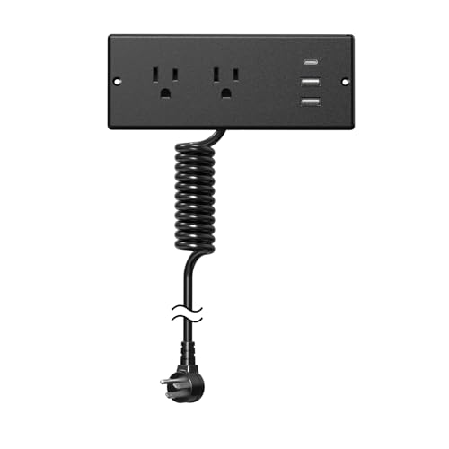 Furniture Drawer Outlet, IPX6 Recessed Power Strip Waterproof | with (3) PD 20W USB Ports Fast Charging & (2) 15 Amp AC Outlets, (16 AWG) 10 FT Black Spring Cord - color: Black, size: 10 FT