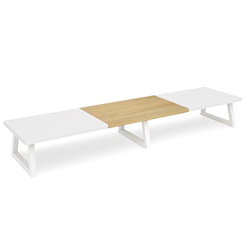 TEAMIX 42 inch Large Dual Monitor Riser, Extra Long Monitor Stand Riser Wide TV Stand Riser White Monitor Stand for 2 Monitors Wood & Steel Desktop Riser for Dual Screen Office Desk Organization - color: White+Maple