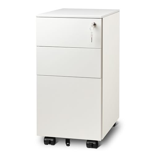 DEVAISE 3 Drawer Slim File Cabinet with Lock, Fully Assembled | Under Desk Metal Filing Cabinet with Wheels for Home Office, Fits Legal/Letter/A4 File, - White - color: White, size: Narrow 17"D x 12"W x 24"H