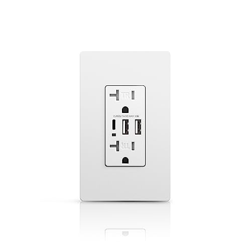 USB C Wall Outlet, 20Amp 6.0A Duplex Tamper-Resistant Receptacle Charge with Type A & C Ports, Screwless Wall Plate Included, Need Neutral Wire, UL Listed, White - color: White, size: 20A