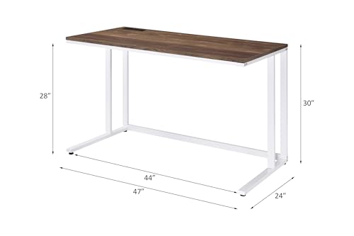 Penau Writing Desk Walnut and White Finish, Built-in USB Port and Power Outlet, Engineered Wood Top with Metal Frame, Open Base Knee Space, 47 x 24 x 30 Inchs, Weight Limit 70lbs