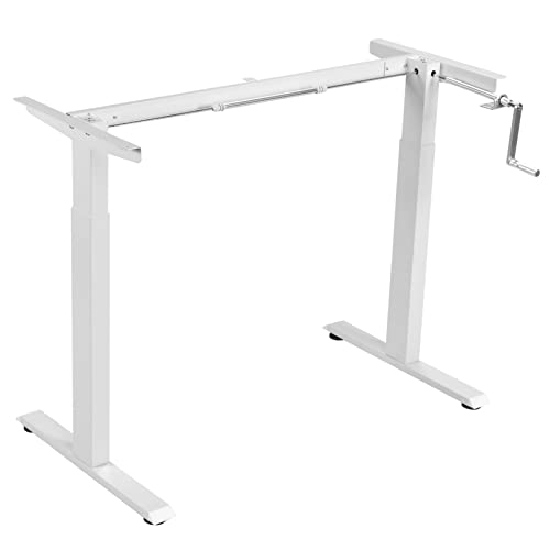 Sit to Stand Workstation Frame, Manual Height Adjustable Standing Desk Frame w/ Foldable Hand Crank, Cable Tray & Hanging Hook, Adjustable Footpads, Ergonomic Desk Frame for Home Office, Black (WHITE) - color: White