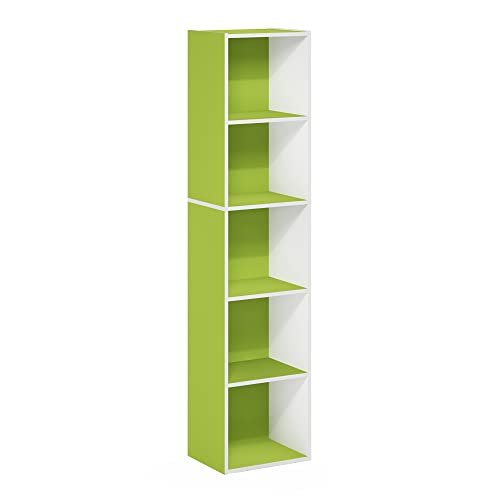 Furinno PASIR Book Shelf, 5-Tier Modern Bookshelf, Open Shelves Bookcase 9 x 12 x 52, Easy Assembly, for Living Room, Bedroom, Home Office, Green/White - color: White/Green, size: 5-Tier Cube