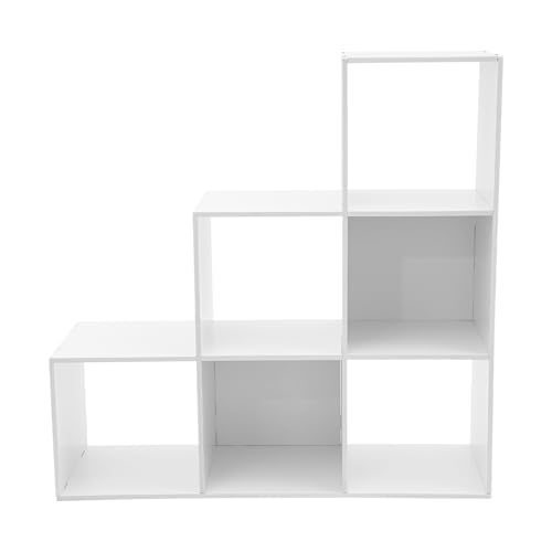 3-Tier Stepped Bookshelf, 6 Cube Storage Organizer, Freestanding Ladder Bookcase, L-Shaped Corner Shelf, Room Divider Shelf, 35.4" Tall Modern Display Shelf for Home Office Living Room - size: 6 Cubes/L-Shaped