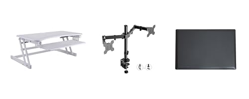 Rocelco 37.5" Height Adjustable Standing Desk Converter with Dual Monitor Mount and Anti-Fatigue Mat - Slide Out Retractable Keyboard Tray - Sit Stand Up Tabletop Riser - White (R DADRW-DM2-MAF) - color: White, size: 37.5", style: Riser+Dual Mount+Floor M