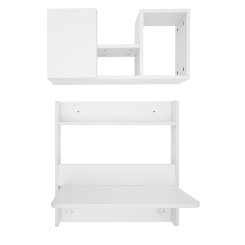 Wall Mounted Folding Table with Booksheves,Floating Desk with Bookcase,Wooden Fold Down Laptop Table for Small Space,Home Office, Bedroom,Study Room,Dorm,White - color: White