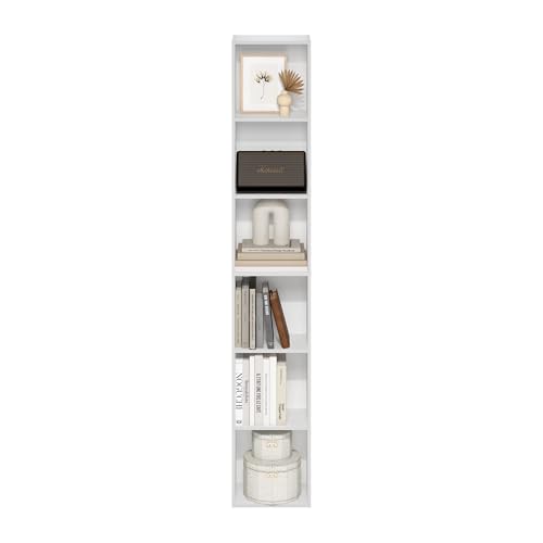 Furinno LUDER Book Shelf, 6-Tier Tall Modern Bookshelf, Bookcase with Open Shelves, 9.3 x 12 x 71, for Living Room, Bedroom, Home Office, White - color: White, size: 6-Tier, 12.1-Inch Width