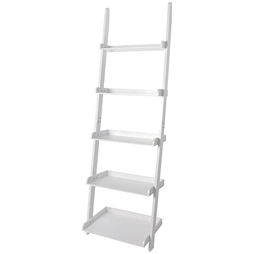 5 Tier Wall-Leaning Ladder Bookshelf, White, 70 Inches | Modern, Storage Rack, Organizer - color: White