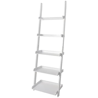 5 Tier Wall-Leaning Ladder Bookshelf, White, 70 Inches | Modern, Storage Rack, Organizer - color: White