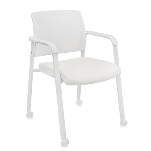 CLATINA Mesh Back Guest Reception Stacking Chair with Wheels, Waiting Room Stackable Chairs with Upholstered Leather Seat & Ergonomic Lumbar Support for Office Conference School Study Lobby, White - color: White_leather_wheels, size: 1pack