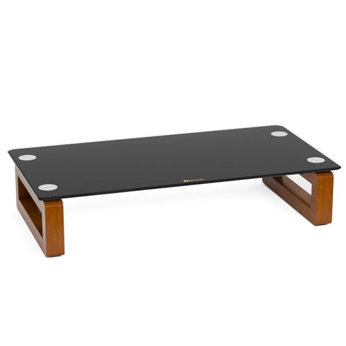 YEOUX Multi-Purpose Desktop Stand - 17.0" x 9.0" x 3.5" (Black & Walnut) | Black Floating Glass Top with Natural Wood Base, Desk Organization, for Computer, Printer, Laptop, Audio Device, Flat Screen - color: Walnut&Black