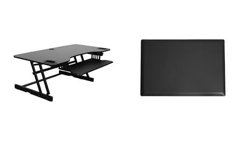 Rocelco 45" Height Adjustable Standing Desk Converter with Anti Fatigue Floor Mat and Slide Out Retractable Keyboard Tray - Sit Stand Up Triple Screen Tabletop Riser - Black (R ADRB-45-MAFM) - color: Black, size: 45", style: Riser+Floor Mat