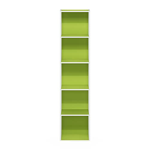 Furinno PASIR Book Shelf, 5-Tier Modern Bookshelf, Open Shelves Bookcase 9 x 12 x 52, Easy Assembly, for Living Room, Bedroom, Home Office, Green/White - color: White/Green, size: 5-Tier Cube