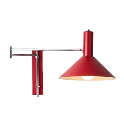 Modern Industrial Red Conical Shade Wall Sconce Minimalist Adjustable Swing Arm Wall Lamp Interior Accent Wall Mount Light Fixture for Bedroom Study Living Room