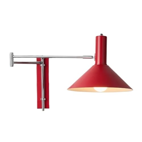 Modern Industrial Red Conical Shade Wall Sconce Minimalist Adjustable Swing Arm Wall Lamp Interior Accent Wall Mount Light Fixture for Bedroom Study Living Room