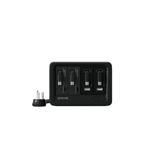 Gitryin 2 Lightning, 2 Type-C Retractable Wall Chargers with 2 USB A Ports and 1 Power Strip, 12-in-1 Desktop Charging Station