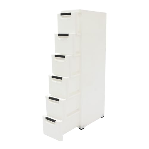 Plastic Storage Cabinet, 6 Drawers Rolling Organizer Cart with Wheels, Multifunctional Floor Cabinet, Narrow Mobile Slim Utility Cart for Living Room, Bedroom, Study, Office, Studio (White)