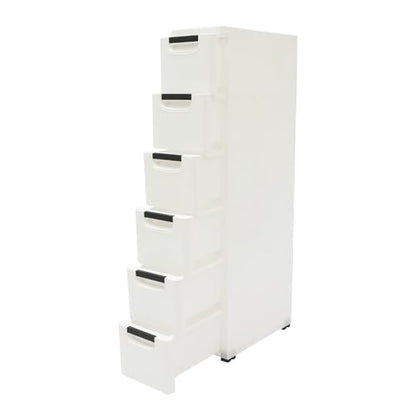 Plastic Storage Cabinet, 6 Drawers Rolling Organizer Cart with Wheels, Multifunctional Floor Cabinet, Narrow Mobile Slim Utility Cart for Living Room, Bedroom, Study, Office, Studio (White)
