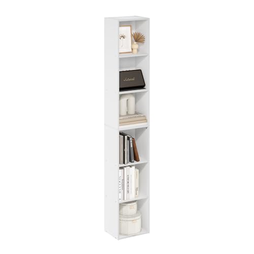 Furinno LUDER Book Shelf, 6-Tier Tall Modern Bookshelf, Bookcase with Open Shelves, 9.3 x 12 x 71, for Living Room, Bedroom, Home Office, White - color: White, size: 6-Tier, 12.1-Inch Width