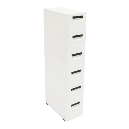 Plastic Storage Cabinet, 6 Drawers Rolling Organizer Cart with Wheels, Multifunctional Floor Cabinet, Narrow Mobile Slim Utility Cart for Living Room, Bedroom, Study, Office, Studio (White)