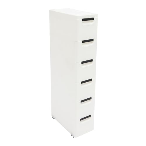 Plastic Storage Cabinet, 6 Drawers Rolling Organizer Cart with Wheels, Multifunctional Floor Cabinet, Narrow Mobile Slim Utility Cart for Living Room, Bedroom, Study, Office, Studio (White)