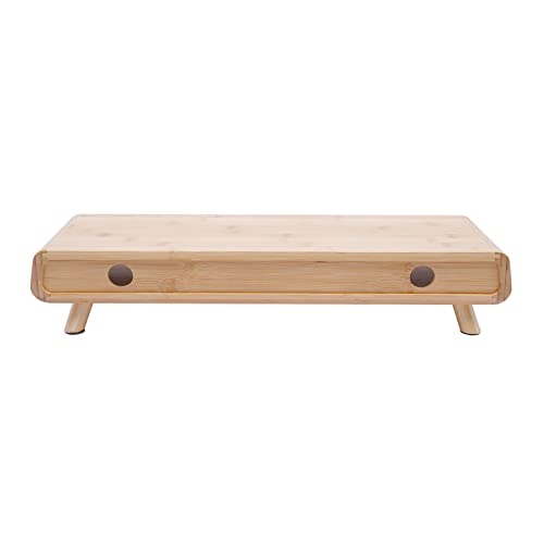 Bamboo Monitor Stand Riser with Drawer, 24 Inch No Assembly Required Desk Organizer, Ergonomic 4.5 Inch Height Wood Computer Stand for Laptop, Printer, Office Accessories