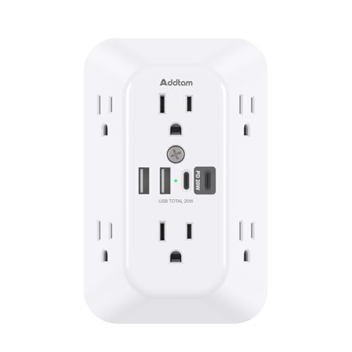Addtam Surge Protector Outlet Extender, 6-Outlet Splitter with 4 USB Wall Charger(PD 20W), Multi Plug Wall Outlet 1800J Power Strip for Home Office Dorm Room Essentials, White - color: White 1PCS, size: PD 20W