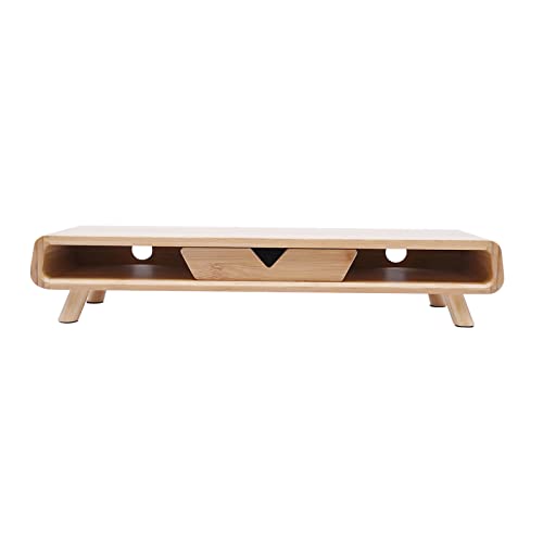 Bamboo Monitor Stand Riser with Drawer, 24 Inch No Assembly Required Desk Organizer, Ergonomic 4.5 Inch Height Wood Computer Stand for Laptop, Printer, Office Accessories