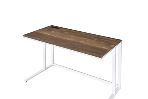 Penau Writing Desk Walnut and White Finish, Built-in USB Port and Power Outlet, Engineered Wood Top with Metal Frame, Open Base Knee Space, 47 x 24 x 30 Inchs, Weight Limit 70lbs