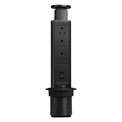 Pop Up Electrical Outlet for Countertop, Recessed Power Strip with 3 AC Outlet & 2 USB Ports,2.5" Hole Pull Pop Up Socket Hidden Outlets, Pop Out Power Outlet for Kitchen Counter Conference Desk - color: Pure Black