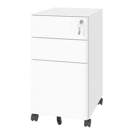 SAWJEC 3 Drawer Mobile File Cabinet Fully Assembled, White | 11.8"W x 17.7"D x 24"H, Rolling Under Desk Metal Filing Cabinet with Lock, for Home Office, Fit Legal/Letter/A4 Size - color: White, size: 24"H x 11.8"W x 18"D